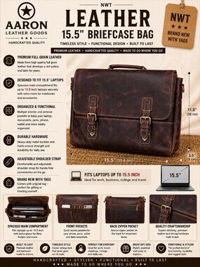 NWT Aaron Leather Goods 15.5" Dark Brown Leather Messenger Briefcase Bag